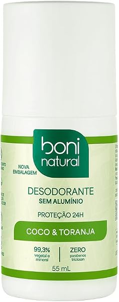 BONI NATURAL Desodorante Roll-On sem Alumínio, Coco e Toranja, 55 ml