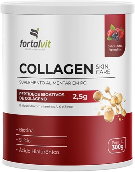 COLLAGEN SKIN Fortalvit Colágeno Verisol, Silício, Biotina, Ácido Hialurônico, Vitaminas A, C e Zinco, Frutas Vermelhas, em Pó 300g