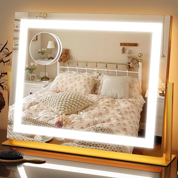 FENNIO Espelho de maquiagem com luzes, iluminação de 3 cores, regulável (ouro)